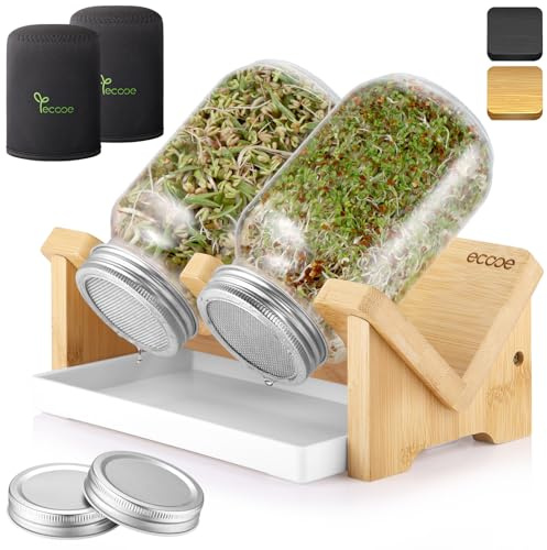ecooe Sprossen Keimglas 2er Set - Sprossenglas mit Bambushalterung, Abdunklungshüllen, Filterkappe aus Edelstahl und 1 Wasserschale - 750 ml Keimgläser Set für Sprossen Brokkolisprossen Keimlinge