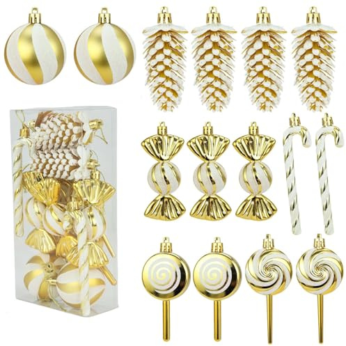 15pcs Weihnachtsdekoration,Weihnachtsbaumschmuck Zuckerstangen und Weihnachtsbaumschmuck lutscher zum Hängen Weihnachtsdeko Anhänger,Christbaumkugeln mit Aufhängeöse für Weihnachtsschmuck (Gold)