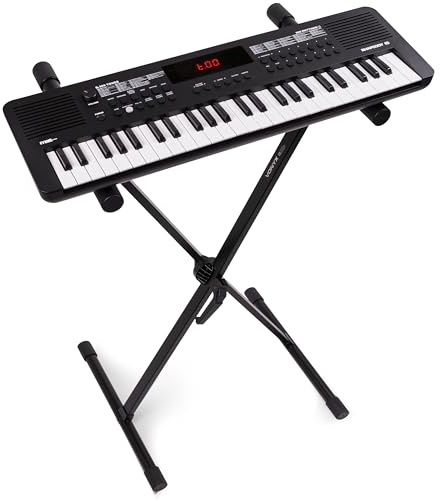 MAX Rhapsody49 - Piano eléctrico de 49 teclas para principiantes con función de aprendizaje, con 300 sonidos, altavoces, pantalla LED, 80 canciones de demo, teclado de piano, USB-C, Midi y soporte