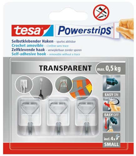 tesa Powerstrips Klebehaken Small - selbstklebende Haken mit abnehmbarem Drahthaken - wiederverwendbare Wandhaken für Bad oder Küche - Montage ohne Bohren - Transparent - 3 x Haken, 4 x Powerstrips