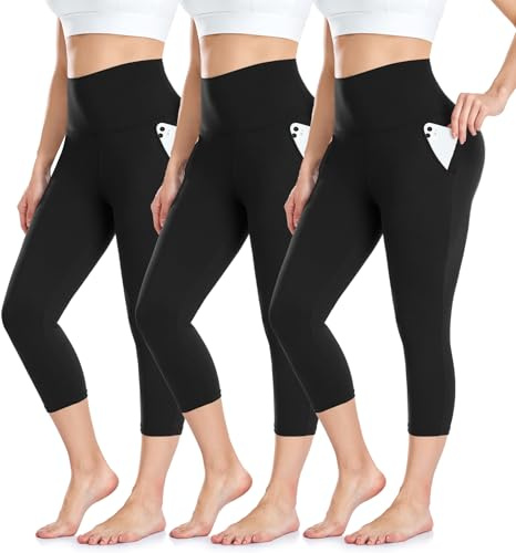 ACTINPUT 3/4 Leggins Capri Donna Vita Alta Leggings con Tasche Fitness Sportivi Corti Pantaloncini Yoga Controllo della Pancia Opaco Elastici Morbido Pantaloni(Nero,L-XL)