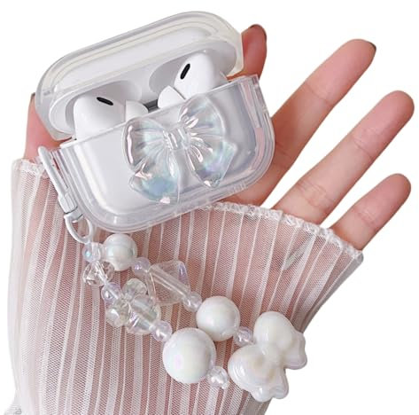 MINSCOSE Kompatibel mit AirPods Pro 2 Hülle,Niedliche 3D Kristall Schleifenknoten Muster Design mit Bling Herz Perlen Schlüsselbund,Weiche TPU Stoßfest Schutzhülle für Mädchen für AirPods Pro 2
