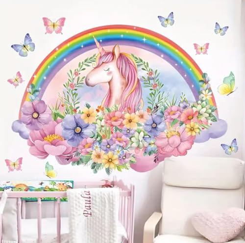 WandSticker4U®- Wandtattoo EINHORN REGENBOGEN XXL rosa (95x68 cm) I Wandsticker Kinderzimmer Mädchen Einhorn Regenbogen Blumen Prinzessin I Wandaufkleber Kinderzimmer Deko Mädchen Babyzimmer GROß