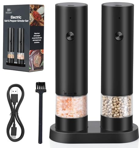 iWarmbase Electric Salt and Pepper Grinder Set, USB Rechargeable Electric Pepper Grinder Mills with Storage Base - Adjustable Coarseness Spice Grinder Set Washable Container for Kitchen/Picnic/BBQ.