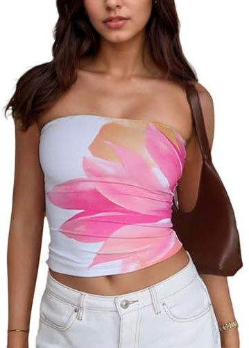 EMOTTOS Top a Tubo con Bustier Stampato Y2K da Donna - Canotta Skinny in Tessuto Elasticizzato, Sexy Estate Gilet a Fascia Senza Spalline per Top da Donna per Feste estive, Bianco, S