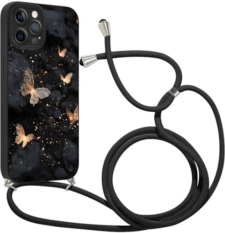 Krdvekm Handyband für iPhone 12 Pro Max Hülle mit Band 6,7'', Aesthetic Schwarzer Schmetterling Muster Halskette Handyhülle mit Kordel zum umhängen Silikon Stoßfest Schutzhülle mit Kette, 05