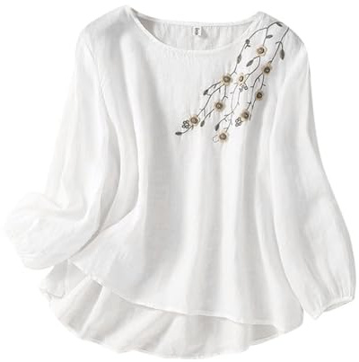 2025 Printemps/Été Femme Brodé Col Rond Manches Longues T-shirt Vintage Bohème Coupe Ample Imprimé Floral Top Blouse Rayée Bleu Blanc, Blanc., M