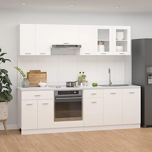Emmtore Juego de Muebles de Cocina 8 Piezas Comedor Mobiliario Estante Armario Almacenaje Microondas Fregadero Lavavajilla Madera Contrachapada Blanco