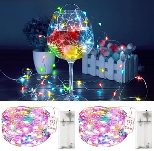 2 Stück LED Lichterkette mit Timer, 2M 20LEDs Farbige Lichterketten Batteriebetrieben, IP65 Wasserdicht, Innen/Außen Lichterkette für Weihnachten, Schlafzimmer, Party, Hochzeit, Baumdekoration
