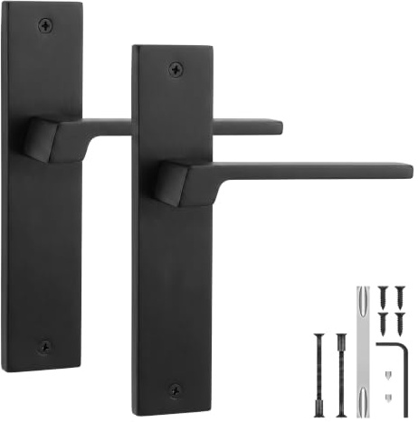 Decoranddecor Spectra Matt Black Door Handles Internal Square Backplate | Square Lever Pair on Plain Backplate, Add Any Tubular Latch, 200x45mm Plate, Interior Door Handles, Fixings