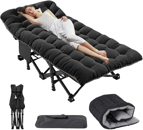 ZIKEBTUY Sonnenliege Klappbett 198x81cm Campingbett Gästebett klappbar liegestuhl 200KG Lastlager Gartenliege Mit Matratze Seitentasche und Kopfstütze Feldbett für In-Outdoor Garten Camping (Schwarz)