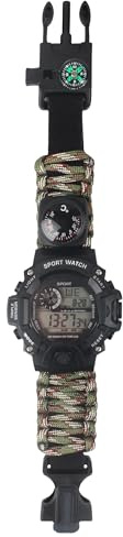 FeiWen Reloj Digital Militar de Supervivencia Multifuncional para Exteriores para Hombres, Correa Impermeable Brújula Termómetro Silbato Pedernal Barra Luz de Fondo