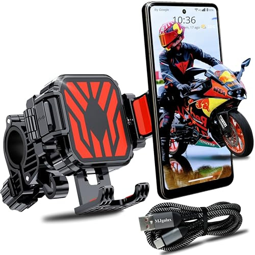 MJgalax Soporte Movil Moto, Soporte Movil Bici y Patinete Electrico Antivibración y Antirrobo Giro 360°, Suporte telemóvel Moto Cap. 4.7-6.8” + Cable USB C Carga Rapida para Andriod y iPhone.