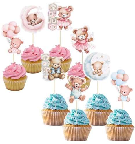 Set da 24 pezzi Decorazioni per Torta a Forma di Orso,Topper per Cupcake Orsacchiotto,Con Placca a Forma di Orso,Decorazioni per Torta Blu e Rosa per Rivelare il Sesso del Bambino