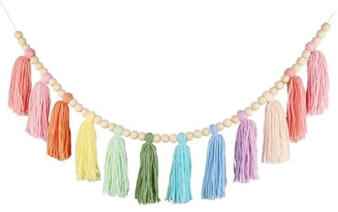Quasten-Girlande, handgefertigt, Makramee, Wandbehang, Dekoration für Kinderzimmer, Geburtstag, Party, Harzperlen, Wimpelkette, Banner, Boho-Stoffgirlande für Zuhause und Hochzeitsdekoration, 94 cm