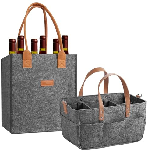 Filztasche 2er Set, Einkaufstasche und Flaschentasche Groß, Filz Einkaufskorb mit Fächern, Flaschenträger 6 Flaschen für Wein und Getränke, Dunkelgrau