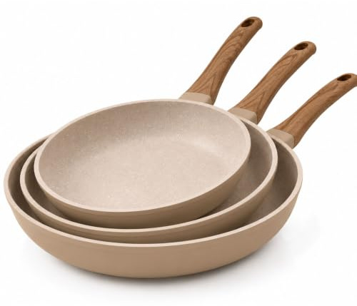 081 Store - Set 3 Padelle Antiaderenti 20, 24 e 28 cm, Padelle per Induzione, Gas e Tutti i Piani Cottura, Rivestimento Effetto Granito, Alluminio Forgiato, Senza PFOA, Manici Ergonomici Effetto Legno