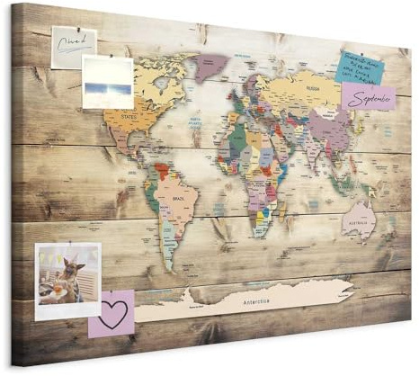 murando - Mapamundi con tablero para clavar chinchetas 90x60 cm - Cuadro en Lienzo sintético - 1 parte - Panel de Fibra - Mapa del Mundo Continente - viajes geografia Vintage k-C-0077-v-a