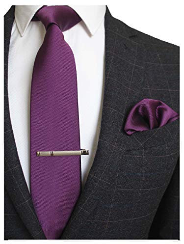 JEMYGINS - Cravatta da uomo, fazzoletto da taschino e fermacravatta, per matrimoni, tinta unita, disponibile in diversi colori, Lilla, M
