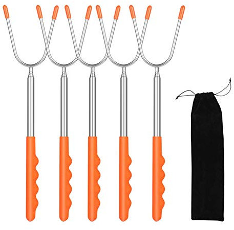 Grillspieße BBQ Gabeln Grillgabel Spieße Ausziehbar Fleischgabel Edelstahl Barbecue Gabel mit Holzgriff Grillzubehör für Bratwurst Würstchen Hot Dog Marshmallows Lagerfeuer Barbecue, 45 Zoll, Orange