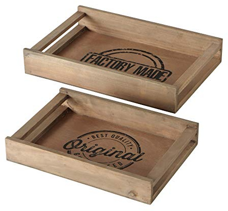 B&B Lot de 2 plateaux en bois marron d'origine avec poignées en métal - Plateau de transport - Caisses en bois - Plateau en bois - Style shabby chic vintage - Style industriel - Décoration