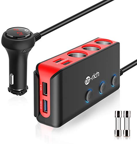 Auto Ladegerät Adapter, 7-in-1 KFZ Zigarettenanzünder Verteiler mit Schnellladen USB Ports (20W USB-C & 18W QC 3.0), 120W 12V24V DC Autoladegerät mit LED Voltmeter Schalter für Dash Cam/Telefon