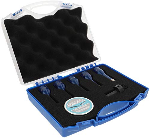 PRODIAMANT Juego de brocas de diamante gres fino seco 7 piezas 2x 6 mm, 8 mm, 10 mm, 14 mm x M14 broca para azulejos con adaptador hexagonal y cera de refrigeración