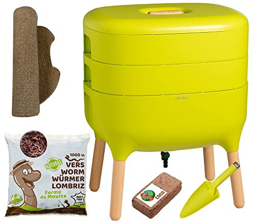 Moutta | Urbalive 2 Schalen Grün, Komplettset I Design Wurmkomposter I 500g Kompostwürmer / 1000 STK. I Startersubstrat I Hanfmatte + Schaufel I Innenraum, Balkon und Garten