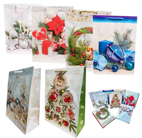 10 Große Weihnachts Geschenktüten Geschenktaschen Tüten Taschen für Weihnachten mit Weihnachtsmotiv zum befüllen 23 x 32 x 11 cm Weihnachtstüten (Weihnachten Bunt)