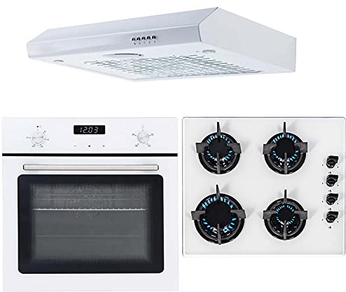 SIA 60cm SO103WH White Electric True Built-In Single Fan Oven, GHG602WH 4 Burner Gas on Glass Hob & STH60WH Slimline Visor Cooker Hood Extractor Fan
