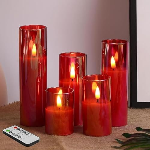 Eywamage Slim Rot Glass LED Kerzen mit Fernbedienung 5er Set Φ 2 H 3 4 5 6 7