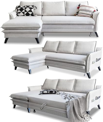 MIUFORM Ecksofa mit Schlaffunktion und Bettkasten | Charming Charlie | Wohnlandschaft Mit Schlaffunktion Couch Schlafcouch Wohnzimmer Gästezimmer | Holzlfüße Boho-Stil (Beige, Links ausgerichtet)