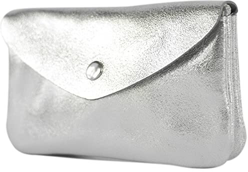 modamoda de P11 Damen Leder Geldbörse Portemonnaie Medium Handmade in Italy, Farbe:Silber-Metallic