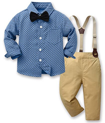 SXSHUN 3-delad baby pojkar kostym set gentleman barn kläder set skjorta rosett byxor sparkbyxor dop bröllop festlig outfit 1–10 år, bleu ciel, 130 cm