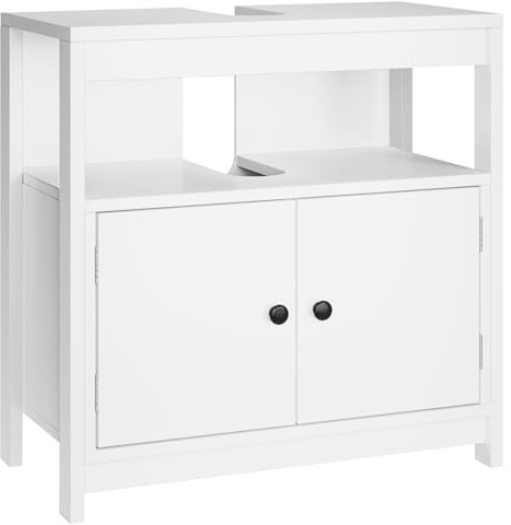 fevarbord Waschbeckenunterschrank weiß mit 2 Türen und offener Ablage | Badezimmer Unterschrank klein, Waschtischunterschrank klein, Badezimmerschrank, 60 x 30 x 60 cm