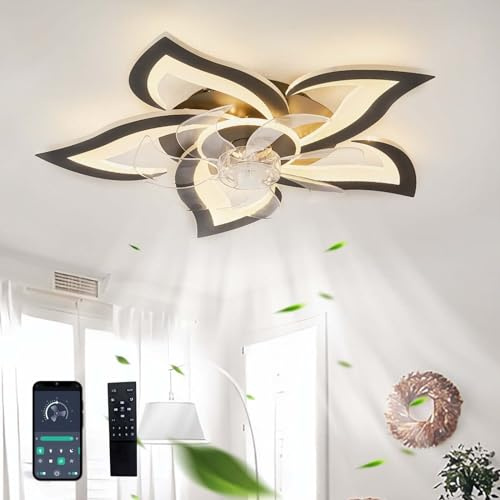 GWYAJTU Design Ventilator Mit Licht Leise Moderne Dimmbar LED Lampe Mit Ventilator DC Reversibel 6 Gang Deckenventilator Mit Beleuchtung Und Fernbedienung Für Schlafzimmer Wohnzimmer-Black