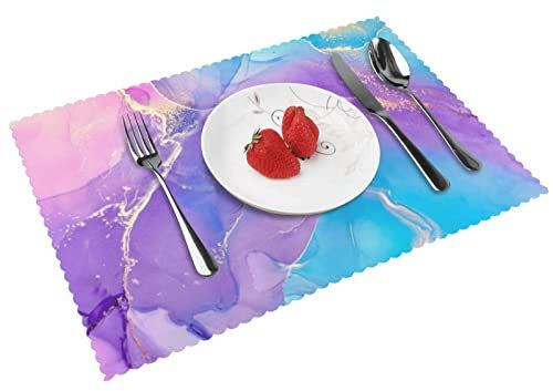 Juego de 4 Manteles Individuales de Mesa Bajoplatos Impermeables Antideslizantes de Mármol Azul y Morado, Adecuados para Hoteles, Familia, Decoraciones de Vacaciones, 18 x 12 Pulgadas