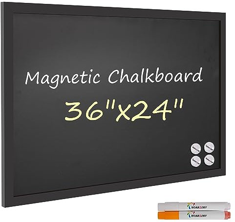 Board2by Magnetic Chalkboard Black Board 24 x 36, Large Chalkboard Blackboard for Wall Decor, Easy-to-Erase Wood Framed Magnet Board for School, Home & Office (Black)