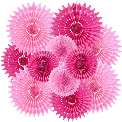 SUNBEAUTY 12Pcs Pink Paper Fans Set Pink Party Decorations Hanging Tissue Paper Fans Decor Honeycomb Fan Decorations Wall Ceiling Party Decor for Girls Birthday Wedding Baby Shower Valentine Galentine