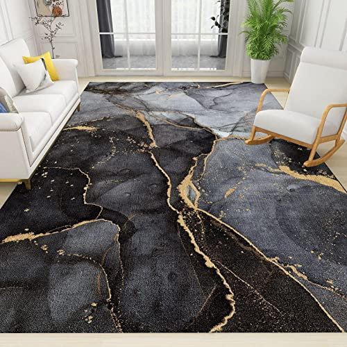 ZONOKI Moderne Schwarze Und Goldene Marmorstruktur Teppich, Leichte, LuxuriöSe Abstrakte Kunst Mit Vergoldeter Tinte Teppich Waschbar rutschfest - für Wohnzimmer, Schlafzimmer, Eingang - 120 x 170 cm