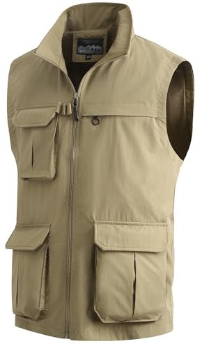 MeiLayM Herren Outdoor Weste mit Vielen Taschen schnelltrocknend Multifunktions Weste Leicht Atmungsaktiv Anglerweste Sport Weste Camping Fotografie Weste Freizeit Ärmellos Jacke Khaki,XL