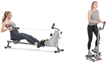 Sunny Health & Health Twister Stepper Machine, Height Adjustable Stepper, Stairs Step Exercise + Compact Folding Magnetic Rowing Machine w/ 109 cm Slide Rail, 130 KG Max