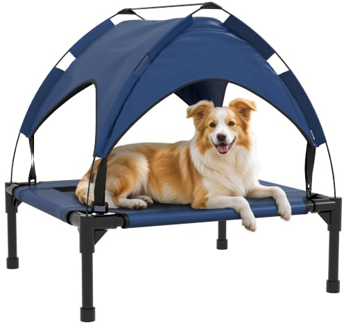 PawHut Cooling Raised Dog Bed for Medium Dogs 76 x 61 x 69.5cm Dark Blue | Elevated Pet Bed, Breathable Mesh, UV Protection Canopy, Foot Pads, for Indoor Outdoor