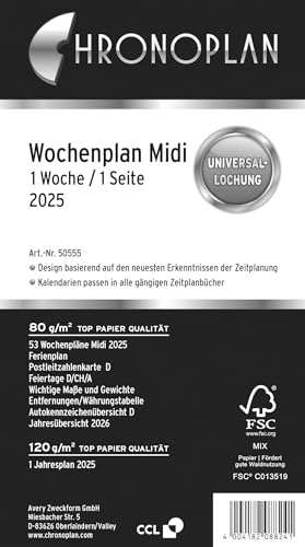Chronoplan 50555 - Inserto per calendario 2025 (programma settimanale Midi (96 x 172 mm), calendario di ricambio per agenda, ideale per pianificazione settimanale dettagliata, 1 settimana su 1 pagina
