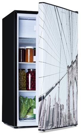 Klarstein CoolArt Kühl-Gefrier-Kombination - Kühlschrank mit 2 Kühl-Ebenen, Design-Front, Thermostat mit 5 Stufen, 0 bis 10 °C, Fassungsvermögen: 79 Liter, Motiv: Großstadt