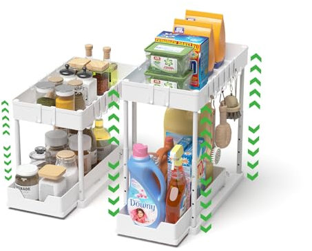 Meltrck 2 Pezzi Organizer Sottolavello Cucina 2 Livelli, Scaffale Estraibile per Lavello, Portaoggetti Sottolavello con 16 Ganci,4 Altezze (32cm-46cm),Bianco
