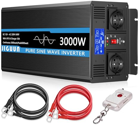 JIGUUN 3000W Inverter 12V 220V onda pura 12v 220V Trasformatore con caricatore 30A e circuito di priorità di rete e UPS，2 prese EU, telecomando wireless e display a LCD Potenza di picco 6000W