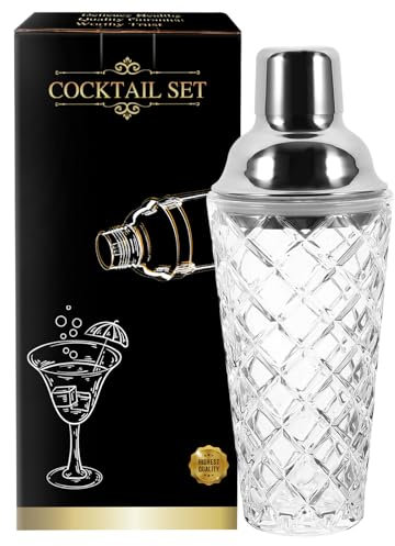 Dzmuero Cocktail shaker, Cocktail mixer, Shaker edelstahl cocktail, Cocktail shaker glas, Glasmixer, Edelstahl-Deckel, mit Filterschicht, versiegelt und langlebig, rutschfest, für Haus, Bar (Silber)