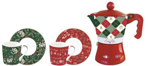Easy Life 2er-Set weihnachtliche Espressotassen mit Kaffeemaschine/Moka „Fancy Christmas“ 100 ml