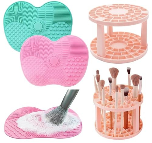 PXBSNB 3 Stück Silikon Make Up Pinsel Reinigungsmatte, Tragbarer Make Up Brush Cleaner mit Saugnapf (Grün+Rosa)